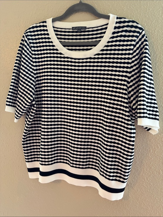 Adrianna Papell Sweaters - Adrianna Papell Black and White Striped Short-Sleeve Knit Top